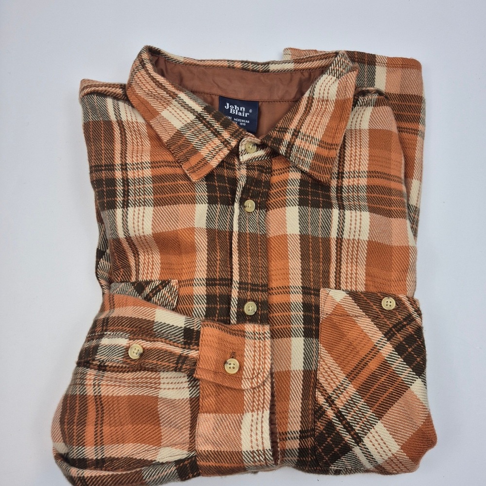 John‎ Blair Menswear XL RG Plaid Flannel Shirt Brown Orange Lumberjack Vtg Y2K